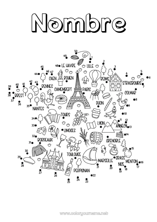 Dibujo para colorear para imprimir Actividades para niños Geografía Francia País Torre Eiffel Arco del Triunfo Monument Mapa del pais Une los Números