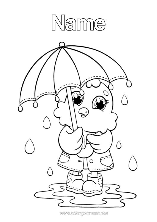 Colouring page to print Autumn Chick Animal Umbrella Rain Farm Animals