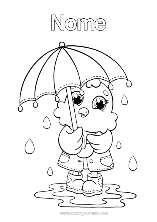 Página de desenho para imprimir Outono Pintinho Animal Guarda-chuva Chuva Animais de fazenda