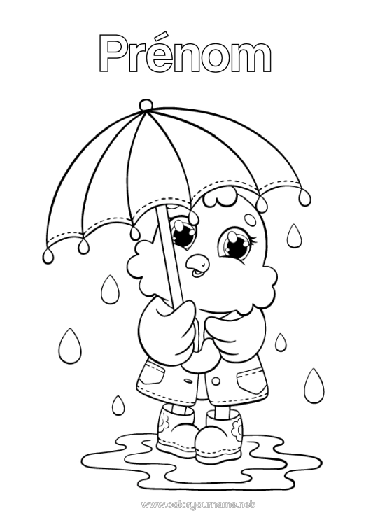 Coloriage à imprimer Automne Poussin Animal Parapluie Pluie Animaux de la ferme