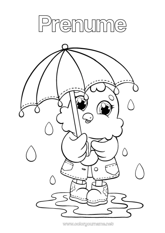 Pagină de colorat de imprimat Toamnă Pui Animal Umbrelă Plouă Animale de fermă