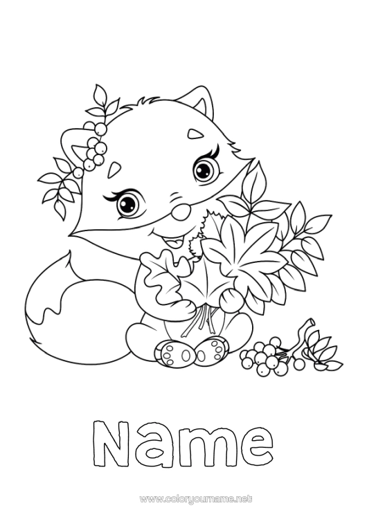 Colouring page to print Autumn Fox Animal Leaves Forest Animals Dead Leaves