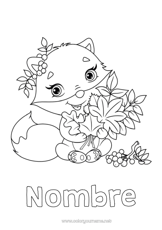 Dibujo para colorear para imprimir Otoño Zorro Animales Hojas Animales del bosque Hojas muertas