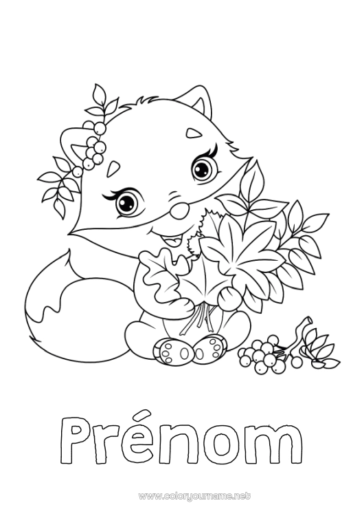 Coloriage à imprimer Automne Renard Animal Feuilles Animaux de la forêt Feuilles mortes