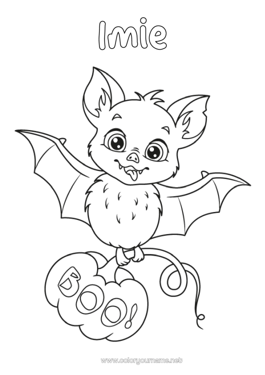 Kolorowanka do wydruku Nietoperz Dynia Halloween Zwierzę Ptaki i latające ssaki Boo