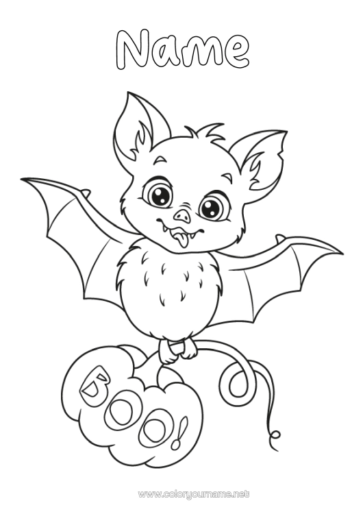 Colouring page to print Bat Pumpkin Halloween Animal Birds And Flying Mammals Boo