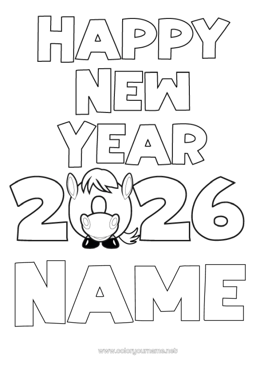 Coloring page to print Horse Happy new year Chinese New Year Farm animals 