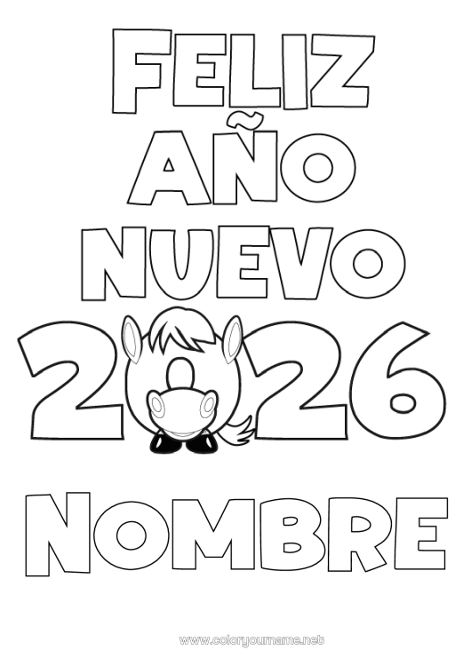 Dibujo para colorear para imprimir Caballo Feliz año Año Nuevo chino Animales de granja Mensaje 