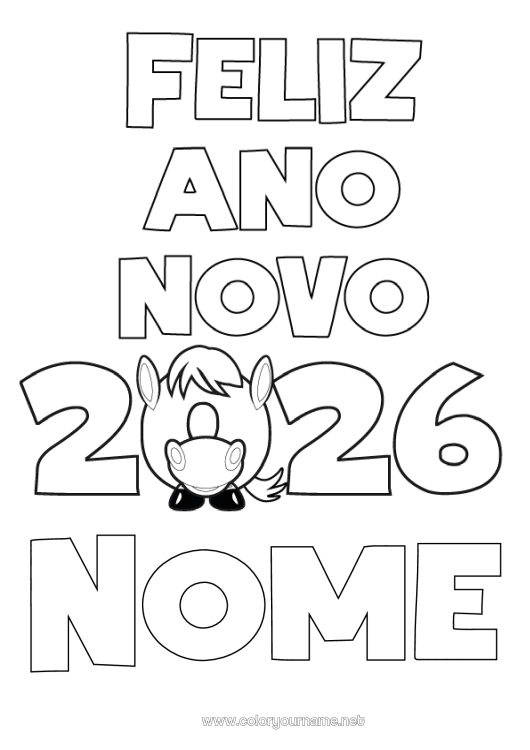 Página de desenho para imprimir Cavalo Feliz Ano Novo Ano Novo Chinês Animais de fazenda Mensagem de 