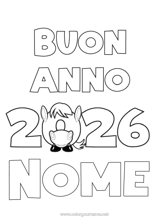 Pagina da colorare da stampare Cavallo Buon Anno Capodanno cinese Animali da fattoria Messaggio 
