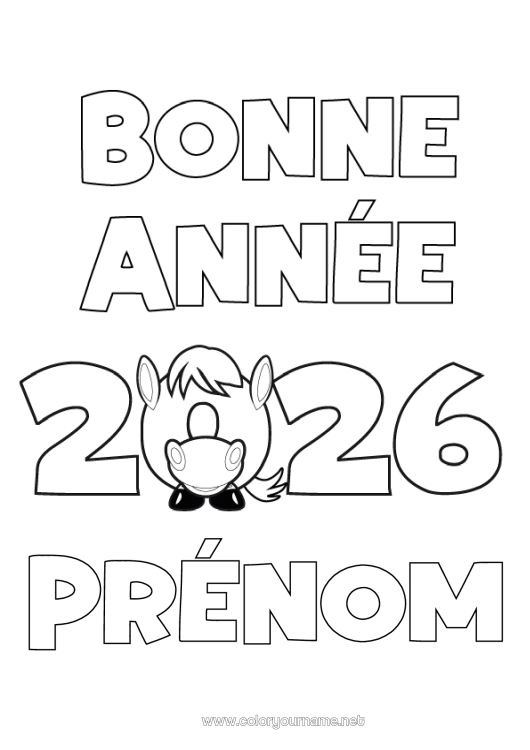 Coloriage à imprimer Cheval Bonne année Nouvel An chinois Animaux de la ferme Message 