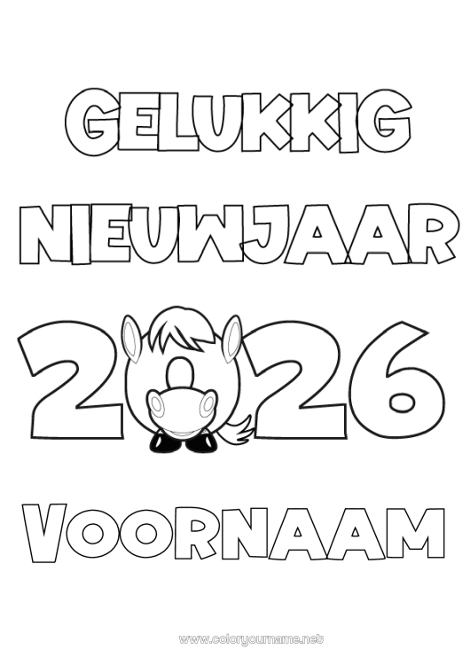 Kleurplaat om af te drukken Paard Gelukkig Nieuwjaar Chinees Nieuwjaar Boerderijdieren Nieuwjaarsboodschap 2026