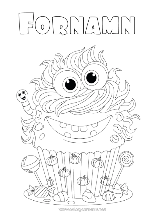Färgläggningssida att skriva ut Godis Monster Pumpa Kaka Halloween Gottigheter, sötsaker Muffins Insekter Slickepinne Mask