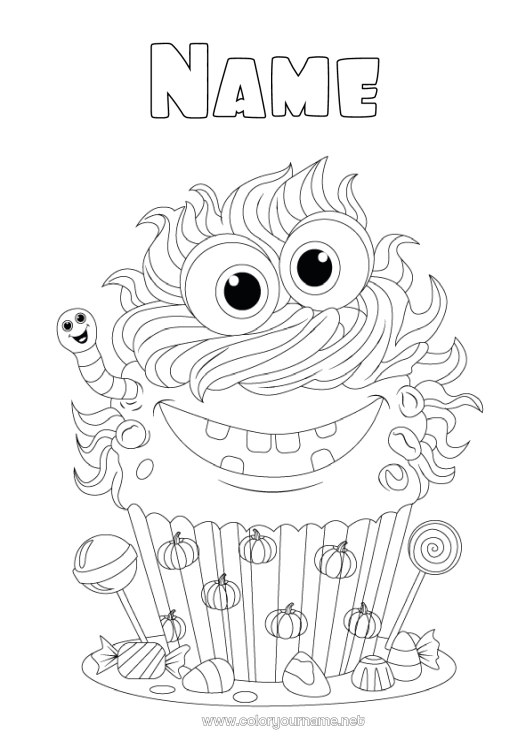 Coloring page to print Sweets Monster Pumpkin Cake Halloween Treats Cupcake Insects Lollipop Worm
