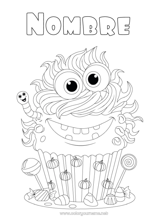 Dibujo para colorear para imprimir Caramelos Monstruo Calabaza Tarta Halloween Golosinas Magdalena Insectos Chupeta Lombriz