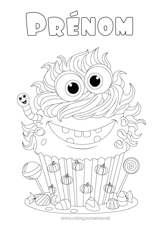 Coloriage à imprimer Bonbons Monstre Citrouille Gâteau Halloween Gourmandises, sucreries Cupcake Insectes Sucette Ver
