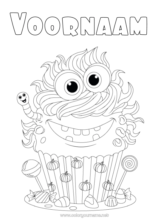 Kleurplaat om af te drukken Snoepjes Monster Pompoen Taart Halloween Lekkernijen, zoetigheden Cupcake Insecten Lolly Worm
