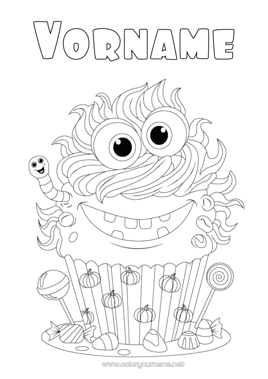 Malvorlage zum Ausdrucken Bonbons Monster Kürbis Kuchen Halloween Leckereien, Süßigkeiten Cupcake Insekten Lutscher Wurm