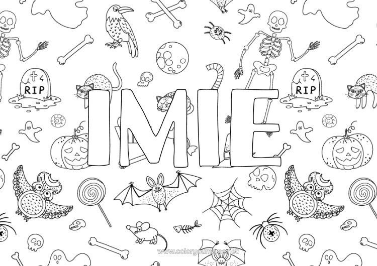 Kolorowanka do wydruku Cmentarz Szkielet Halloween Ptaki i latające ssaki Kruk Tło dekoracyjne