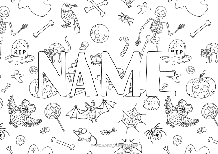 Coloring page to print Cemetery Skeleton Halloween Flying birds and mammals Raven Decorative background