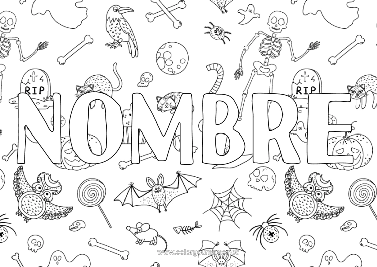 Dibujo para colorear para imprimir Cementerio Esqueleto Halloween Aves y mamíferos voladores Cuervo Fondo decorativo
