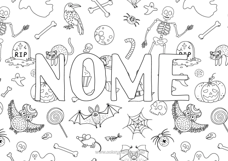 Pagina da colorare da stampare Cimitero Scheletro Halloween Uccelli e mammiferi volanti Corvo Sfondo decorativo