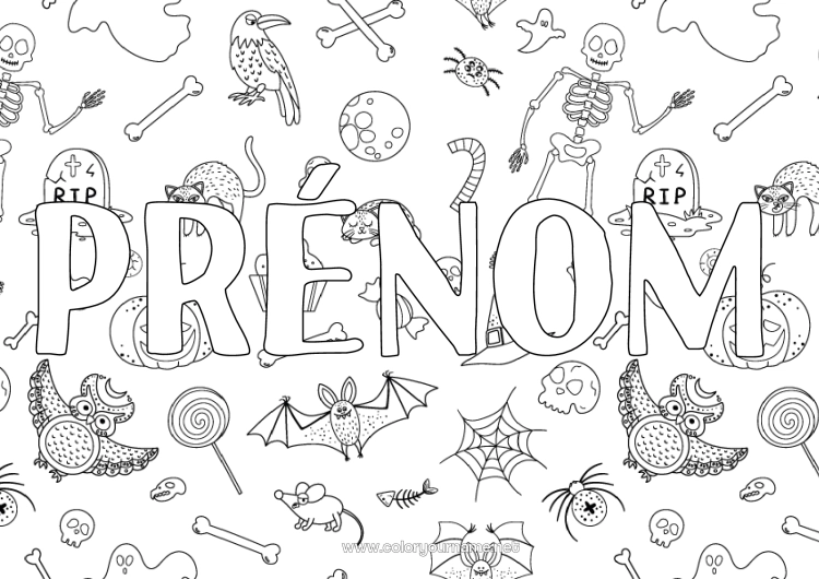 Coloriage à imprimer Cimetière Squelette Halloween Oiseaux et mammifères volants Corbeau Fond décoratif