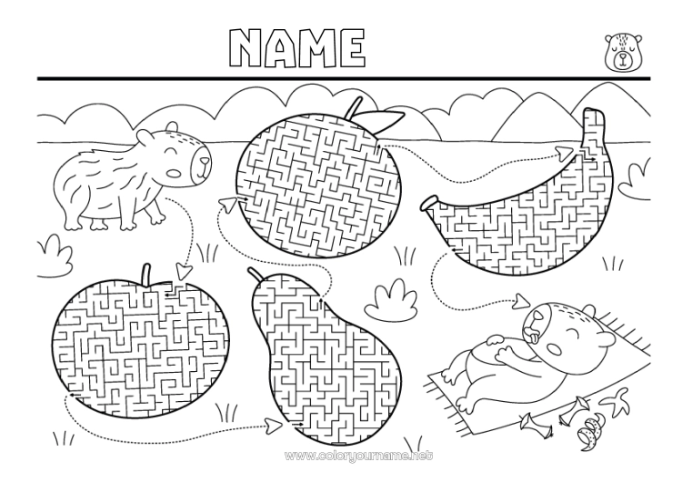 Coloring page to print Children's activities Fruits Other animals of the world Banana Pear Orange Apple Labyrinth Capybara
