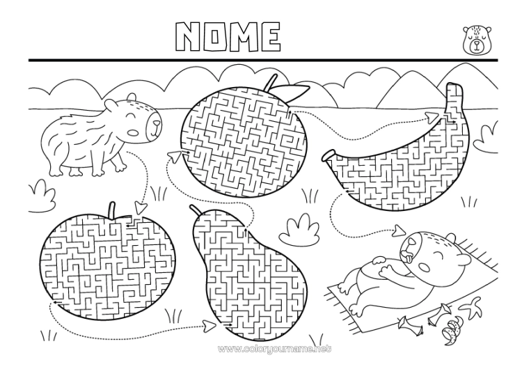 Página de desenho para imprimir Atividades para Crianças Frutas Outros animais do mundo Banana Pêra Laranja Maçã Labirinto Capivara
