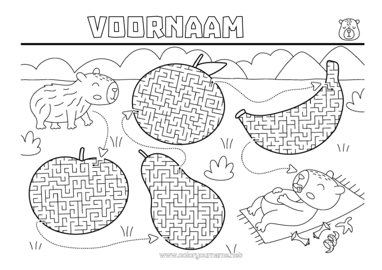 Kleurplaat om af te drukken Activiteiten voor Kinderen Fruit Andere dieren van de wereld Banaan Peer Sinaasappel Appel Doolhof Capibara