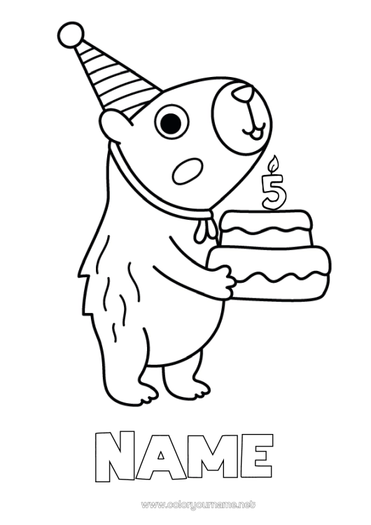 Coloring page to print Birthday Customizable age Other animals of the world Capybara Birthday cake