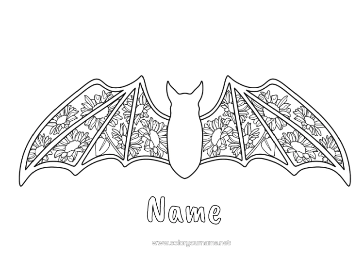 Colouring page to print Bat Animal Sunflower Zentangle Birds And Flying Mammals