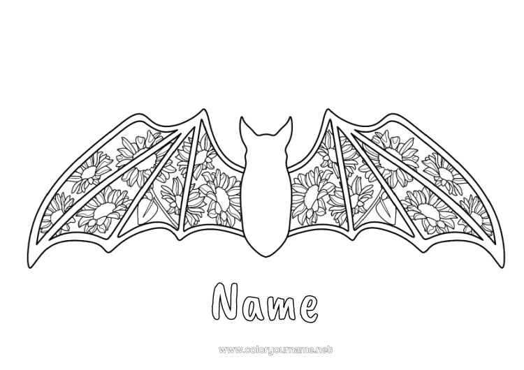 Coloring page to print Bat Sunflower Zentangle Flying birds and mammals