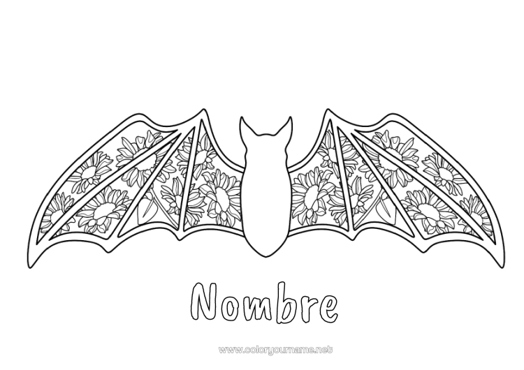 Dibujo para colorear para imprimir Murciélago Girasol Zentangle Aves y mamíferos voladores
