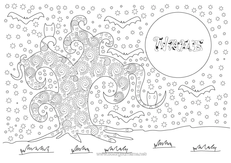 Coloring page to print Bat Halloween Stars Moon Complex coloring pages Zentangle Flying birds and mammals Haunted tree