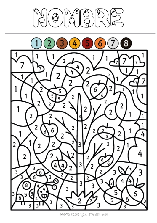 Dibujo para colorear para imprimir Otoño Colorear por números Actividades para niños Frutas Manzana Manzano