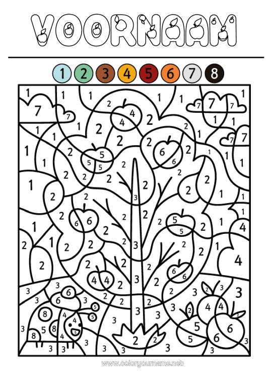 Kleurplaat om af te drukken Herfst Kleuren op nummer Activiteiten voor Kinderen Fruit Appel Appelboom