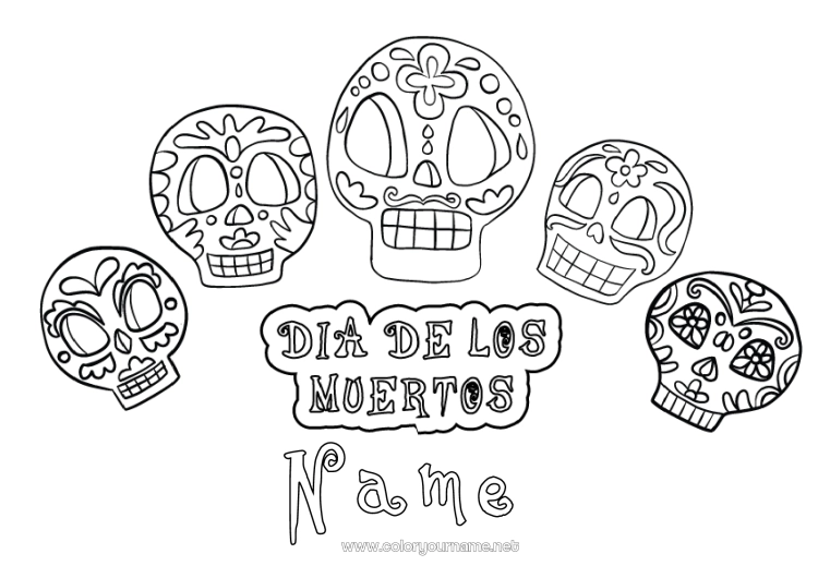 Coloring page to print Día de los Muertos Calaveras, skulls