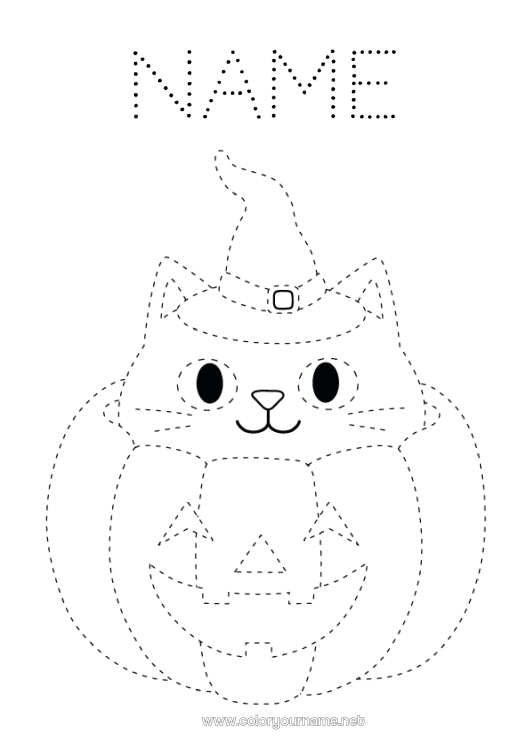 Coloring page to print Pumpkin Cat Easy coloring pages Trace and color Dog and cat Wizard hat