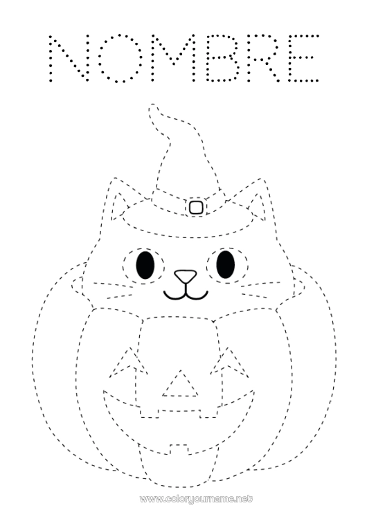 Dibujo para colorear para imprimir Calabaza Cat Dibujos fáciles para colorear Trazo y color Perros y gatos Sombrero de mago