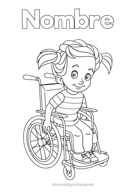 Dibujo para colorear para imprimir Chica Niño Silla de ruedas