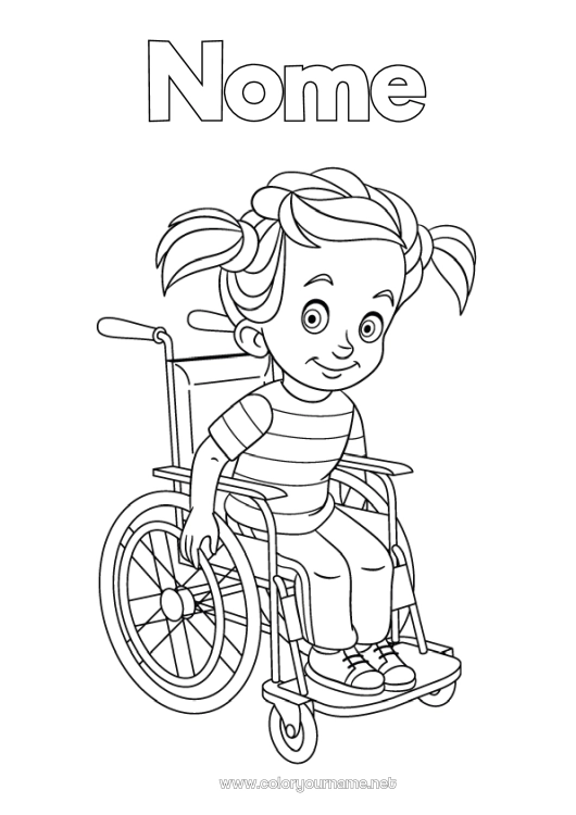 Pagina da colorare da stampare Ragazza Bambino Sedia a rotelle