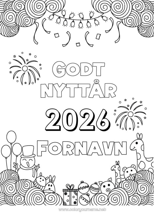 Fargeleggingssiden til utskrift Snømann Giraff Ballonger Godt nyttår Fyrverkeri Zentangle Afrikanske villdyr Tilpassbart år 2026 2027