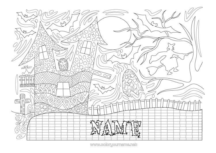Colouring page to print Bat Witch Black Cat Halloween Owl, Tawny Owl Moon Complex Colouring Pages Zentangle Birds And Flying Mammals Haunted Manor Haunted Tree