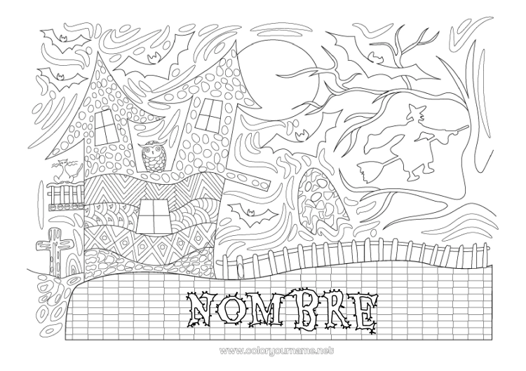 Dibujo para colorear para imprimir Murciélago Bruja Gato negro Halloween Búho Luna Dibujos complejos para colorear Zentangle Aves y mamíferos voladores Manor embrujado árbol encantado