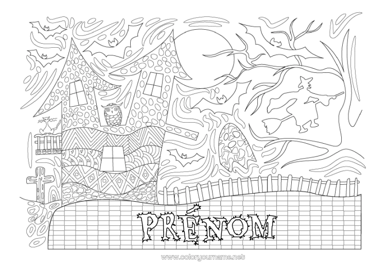 Coloriage à imprimer Chauve-souris Sorcière Chat noir Halloween Chouette, Hibou Lune Coloriages complexes Zentangle Oiseaux et mammifères volants Manoir hanté Arbre hanté