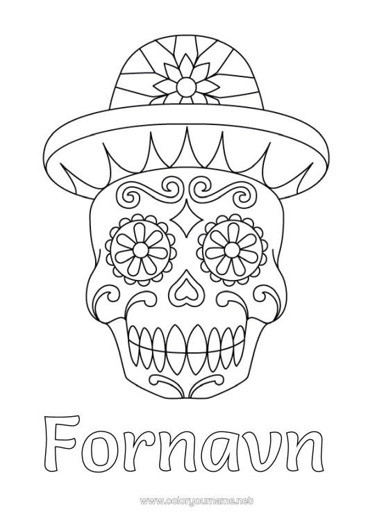 Fargeleggingssiden til utskrift De dødes dag Hatt Mexico Calaveras, hodeskaller