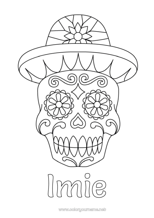 Kolorowanka do wydruku Dzień Zmarłych Kapelusz Meksyk Czaszki, czaszki śmierci