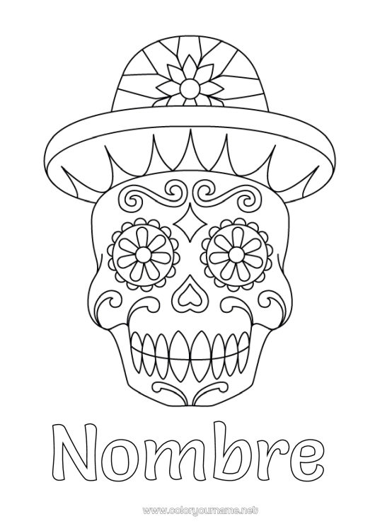 Dibujo para colorear para imprimir Día de los Muertos Sombrero México Calaveras