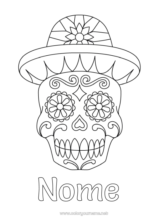 Pagina da colorare da stampare Giorno dei Morti Cappello Messico Calaveras, teste di morto